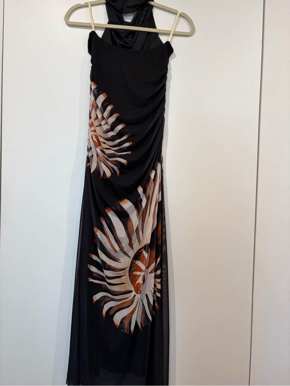 FARM RIO. Black & Tan Sun-Print Draped Evening Dress - Picture 3 of 7